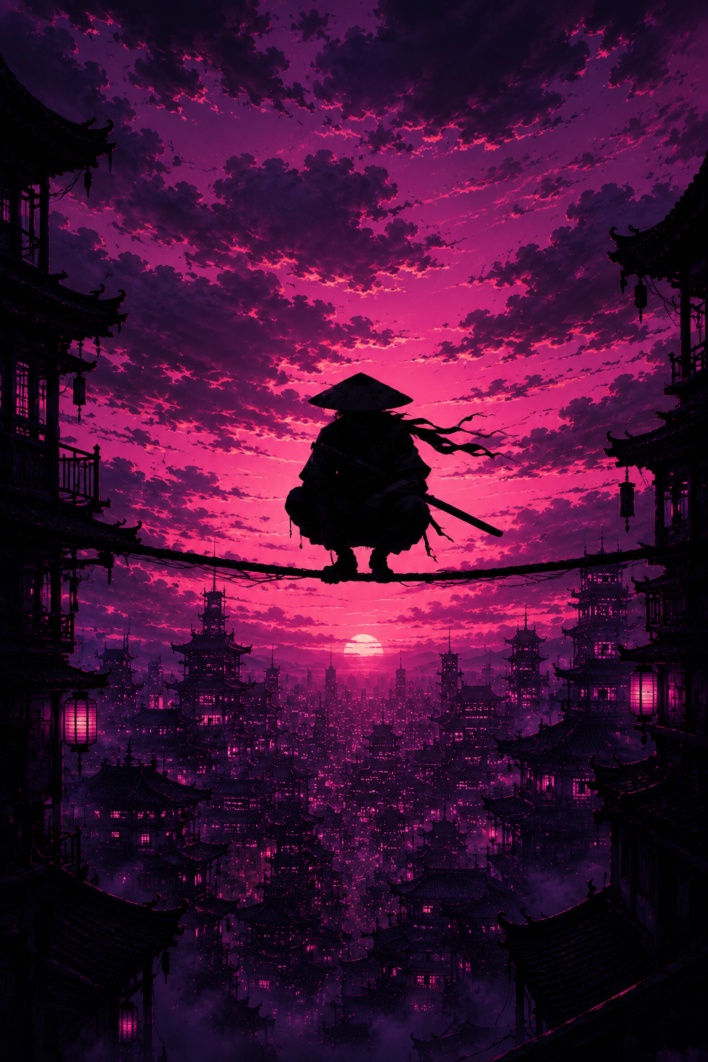 A lone operator silhouetted on a wire above a dark city at violet dusk